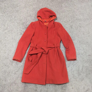 NafNaf Hooded Long Wool Jacket Red Orange button front and waist tie size 40 = L
